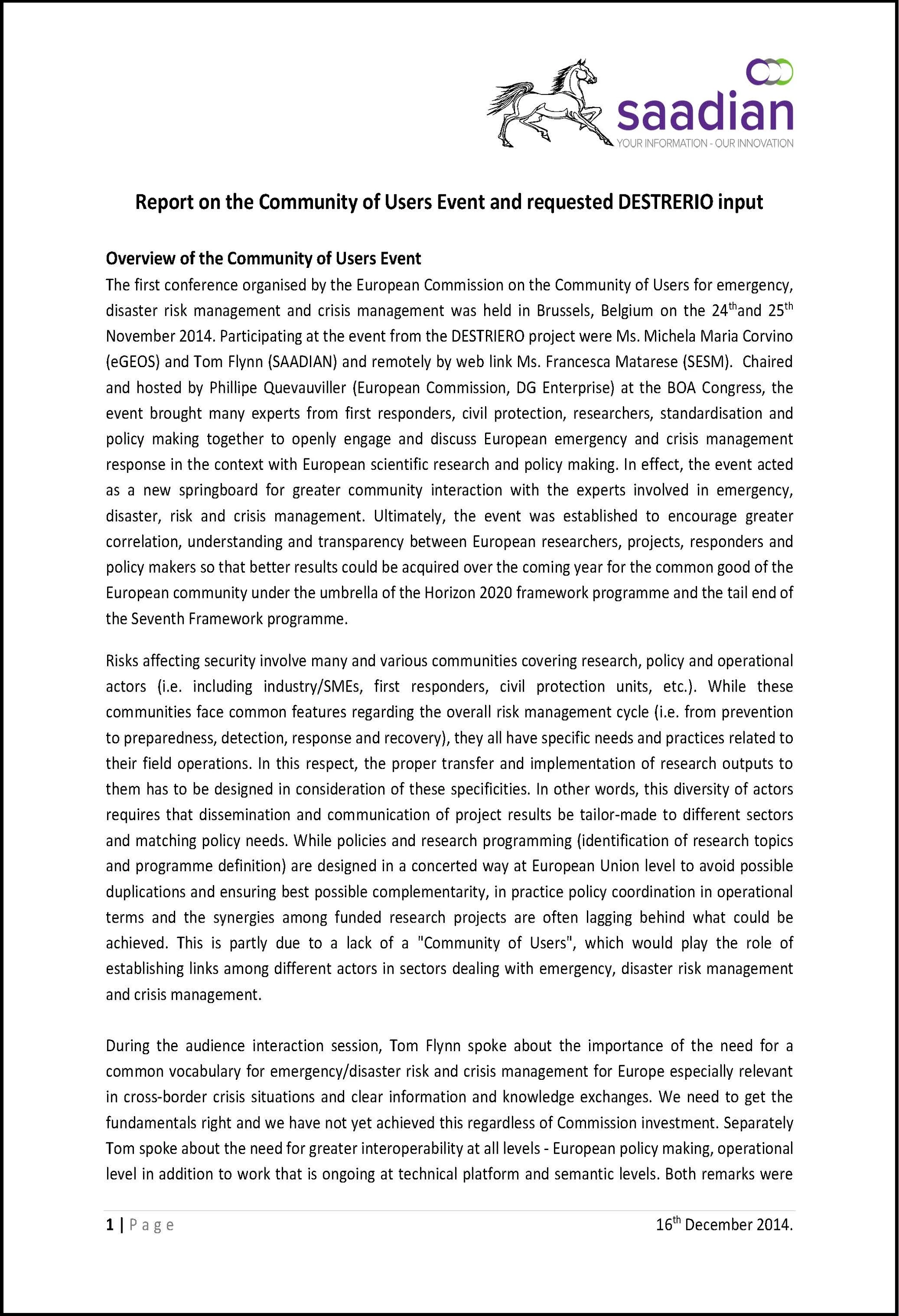 Report on the Community of Users Event